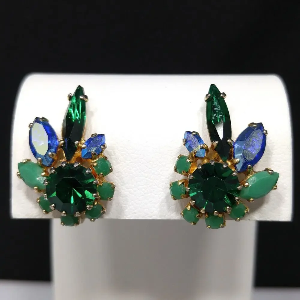 Sherman Green & Blue Rhinestone Earrings, Gold Plated, 1960s Vintage Jewelry
